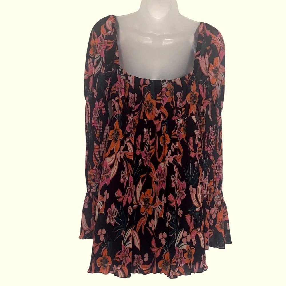House of Harlow 1960 Floral Print Mini Dress Long Sleeve Square Neck Sz M - Picture 3 of 5